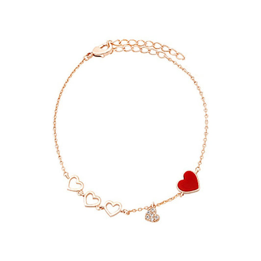 Adorable Rose - gold Heart - themed Bracelet with Enamel and Crystal Accents